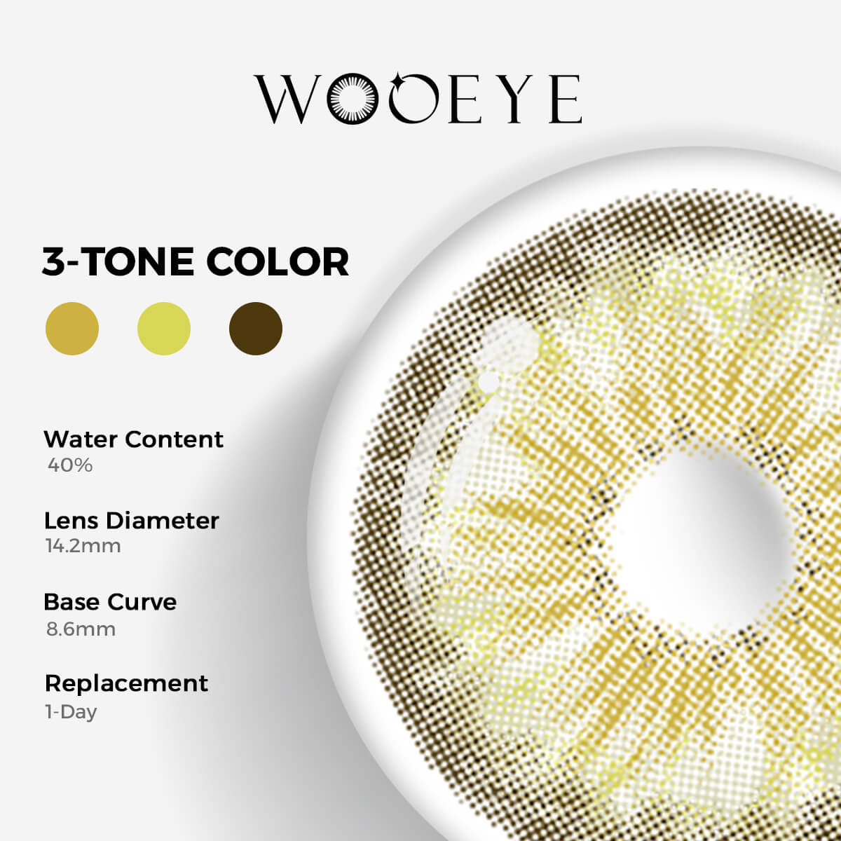 Chamer Grey Color Contacts specifications: 14.2mm diameter, 8.6mm base curve, and 40% water content for daily comfort.