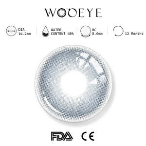 frozn biue grey product specifications, Wooeye logo on top, FDA and CE certification marks on bottom