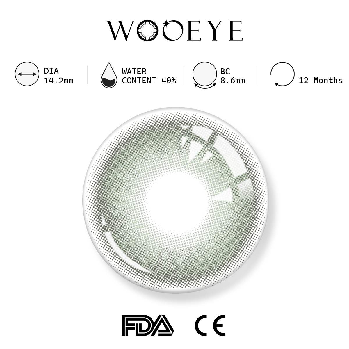frozn green grey product specifications, Wooeye logo on top, FDA and CE certification marks on bottom