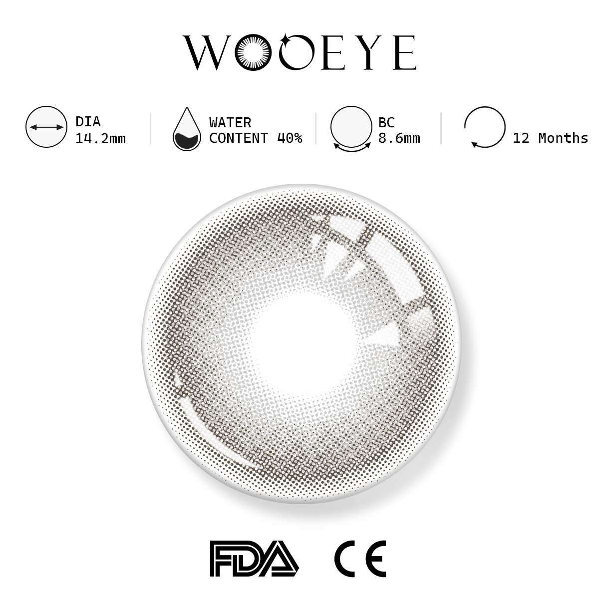 frozn grey product specifications, Wooeye logo on top, FDA and CE certification marks on bottom