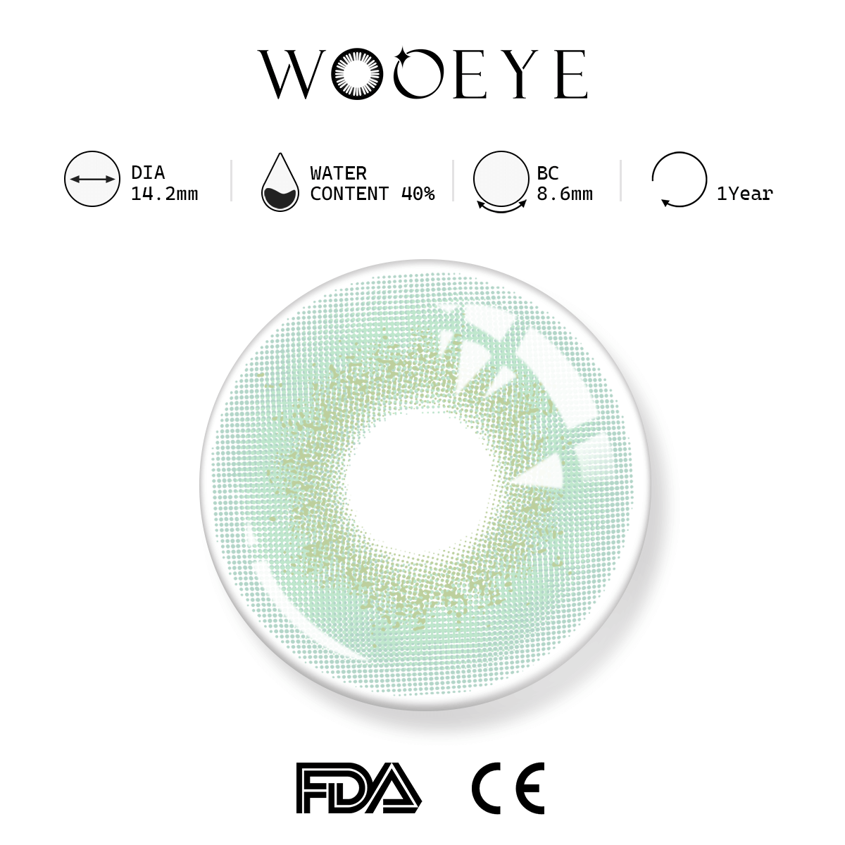 Glacie rGreen product specifications, Wooeye logo on top, FDA and CE certification marks on bottom