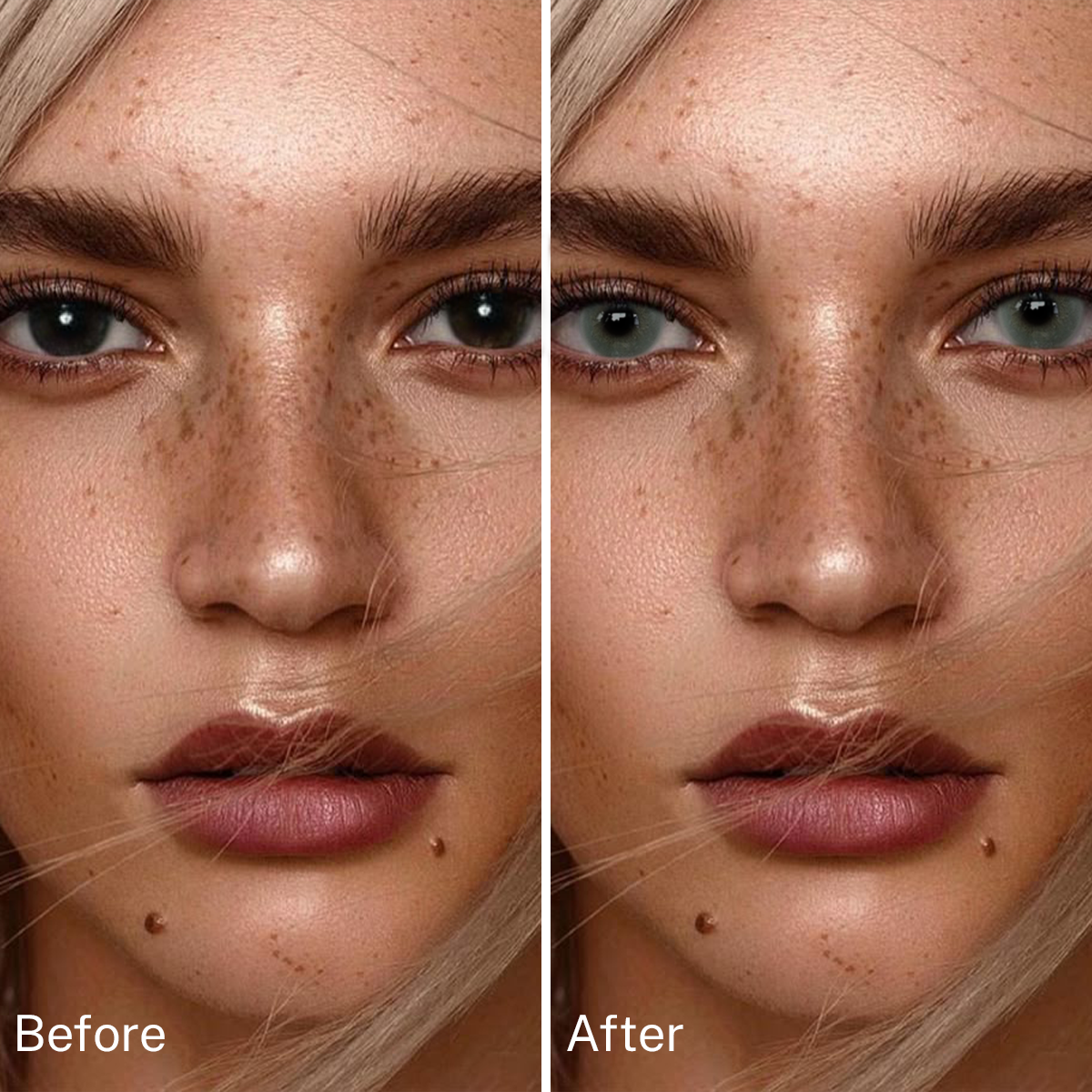 Girl wearing Glacier Green contact lenses before and after effect