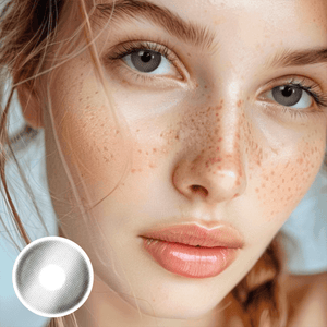 The girl's face is looking straight ahead, the upper left is the Wooeye logo, and the lower left is a close-up of the glass gray contact lens