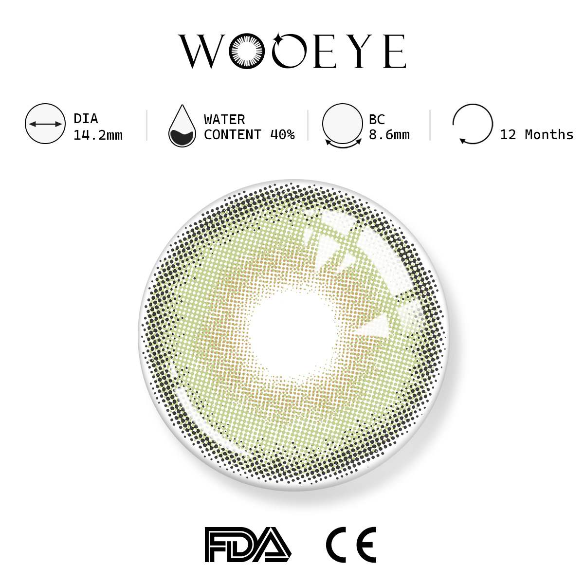 la girl green product specifications, Wooeye logo on top, FDA and CE certification marks on bottom
