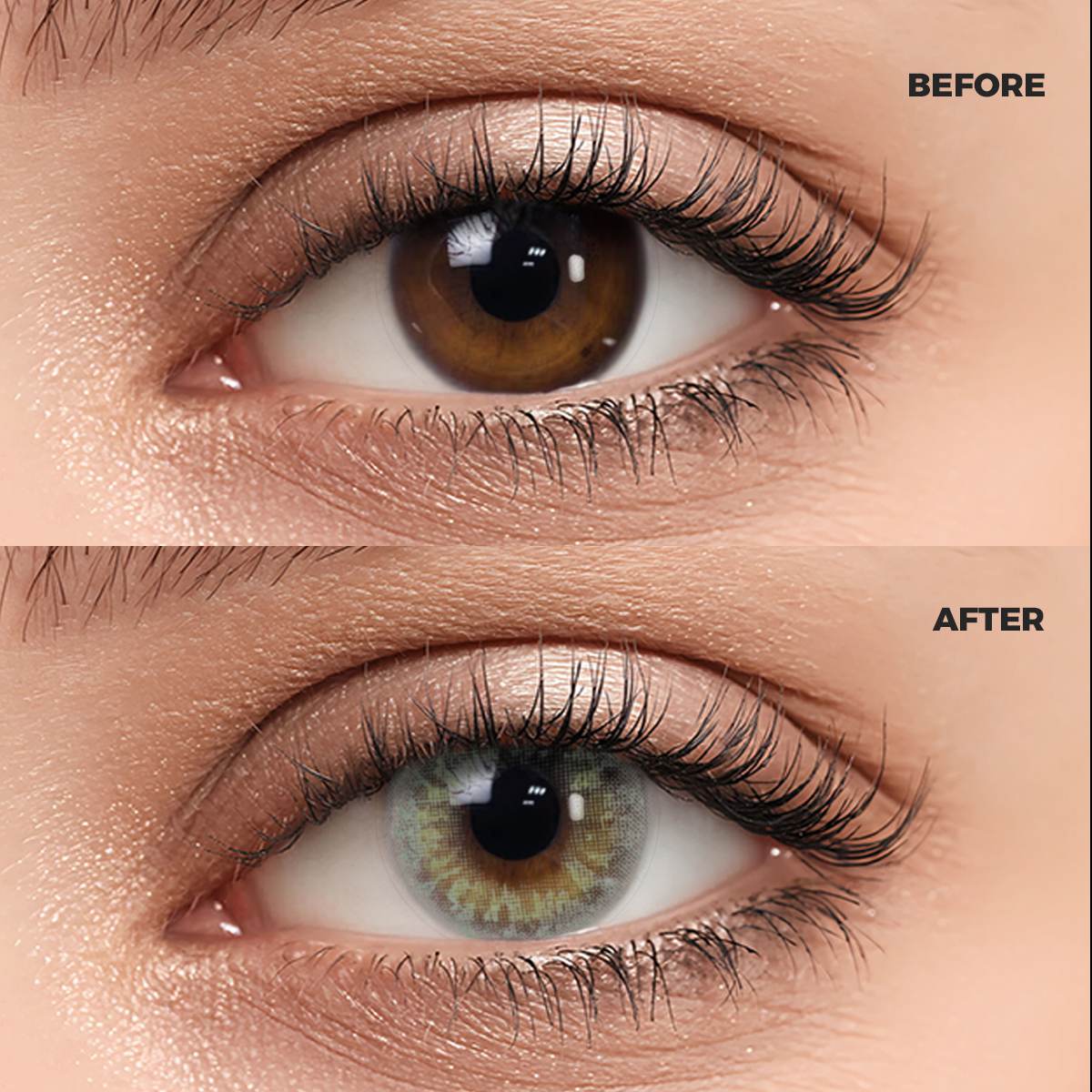 Girl wearing Lemon Green contact lenses before and after effect