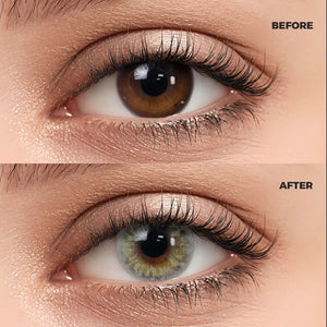 Girl wearing Lemon Green contact lenses before and after effect
