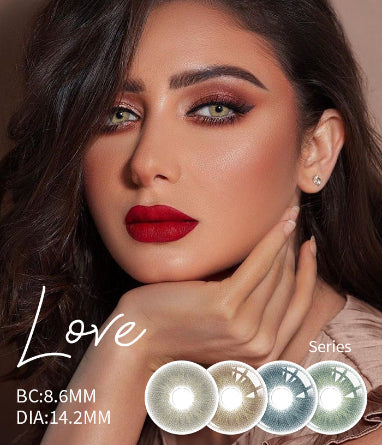 A model wearing Wooeye LOVE series colored contact lenses