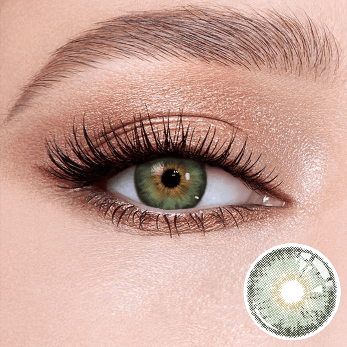 Mermaid Green contact lenses on the eyes, close-up of the product on the lower right