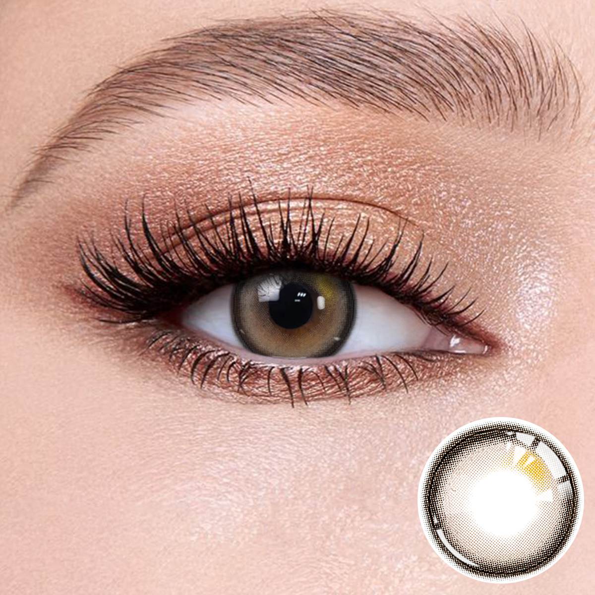 Misty Gray contact lenses on the eyes, close-up of the product on the lower right