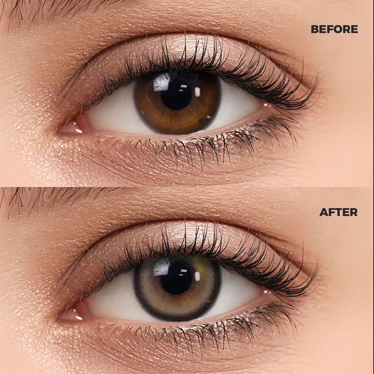 Girl wearing Misty Gray contact lenses before and after effect