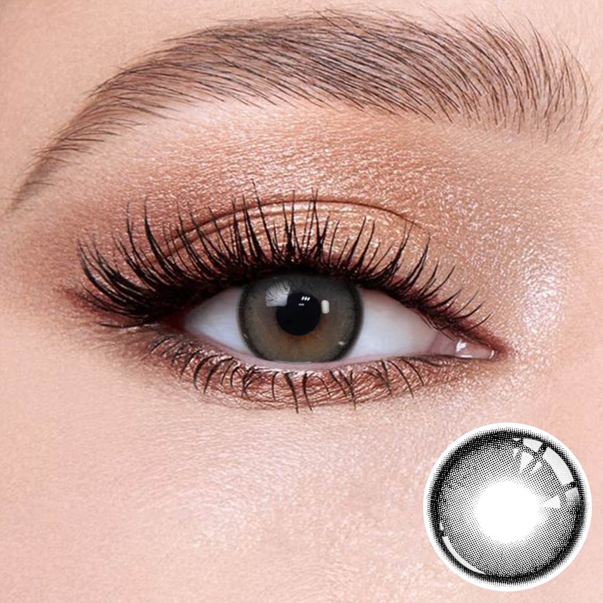 Mocha Gray contact lenses on the eyes, close-up of the product on the lower right