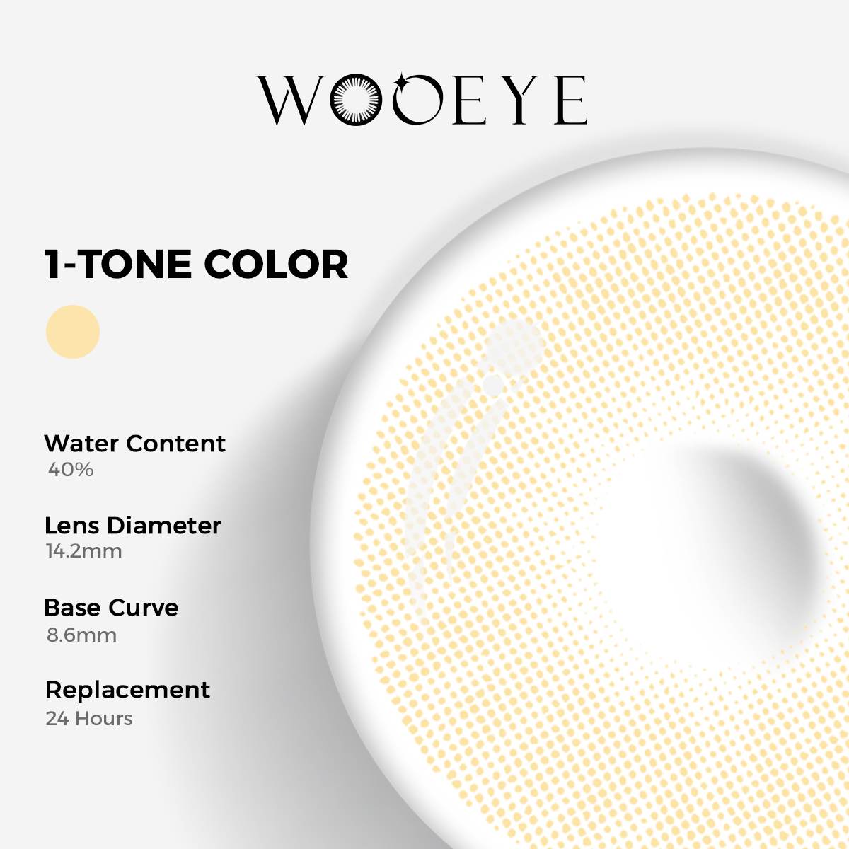 Mousse Brown I Color Contacts specifications: 14.2mm diameter, 8.6mm base curve, and 40% water content for daily comfort.