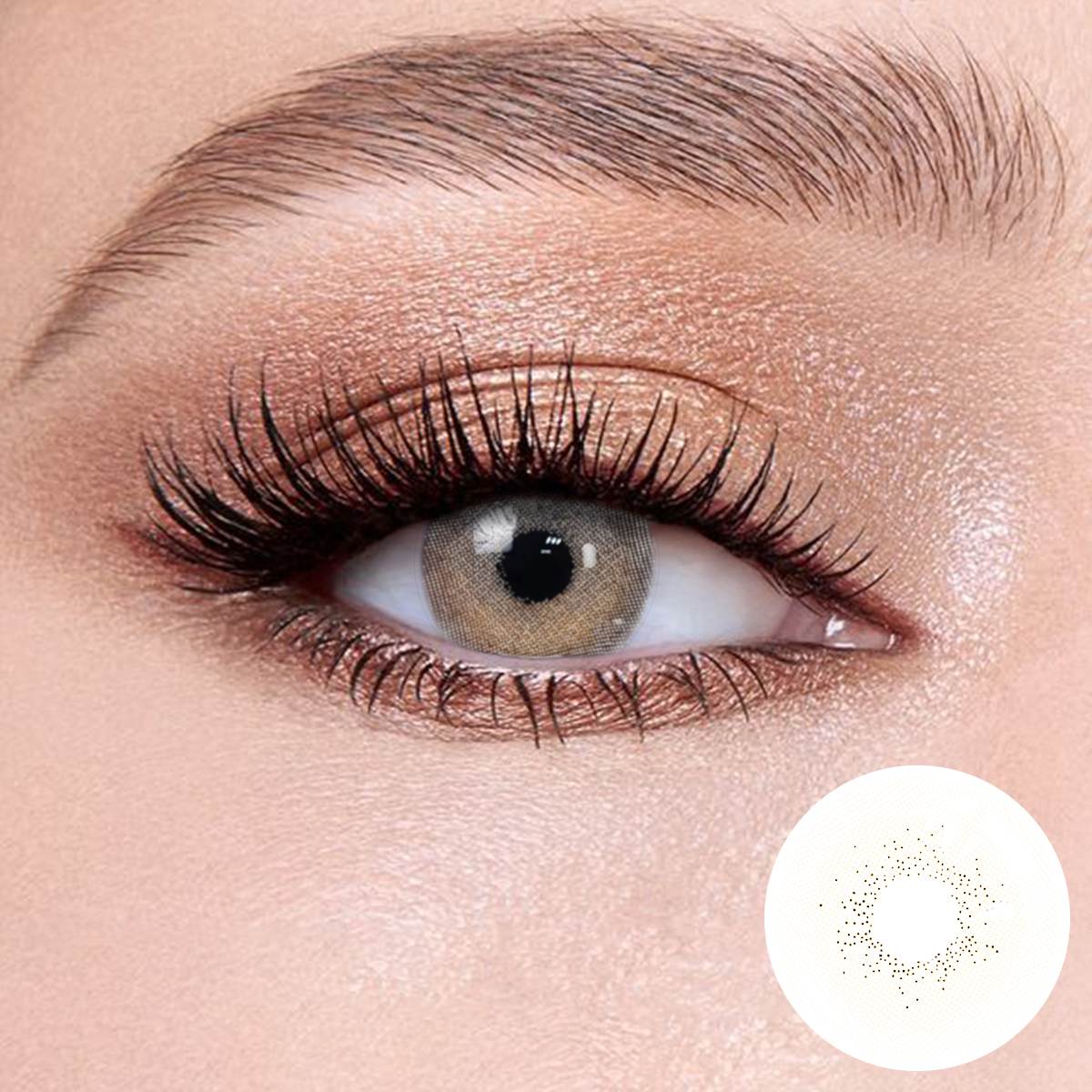 Mousse Gray contact lenses on the eyes, close-up of the product on the lower right