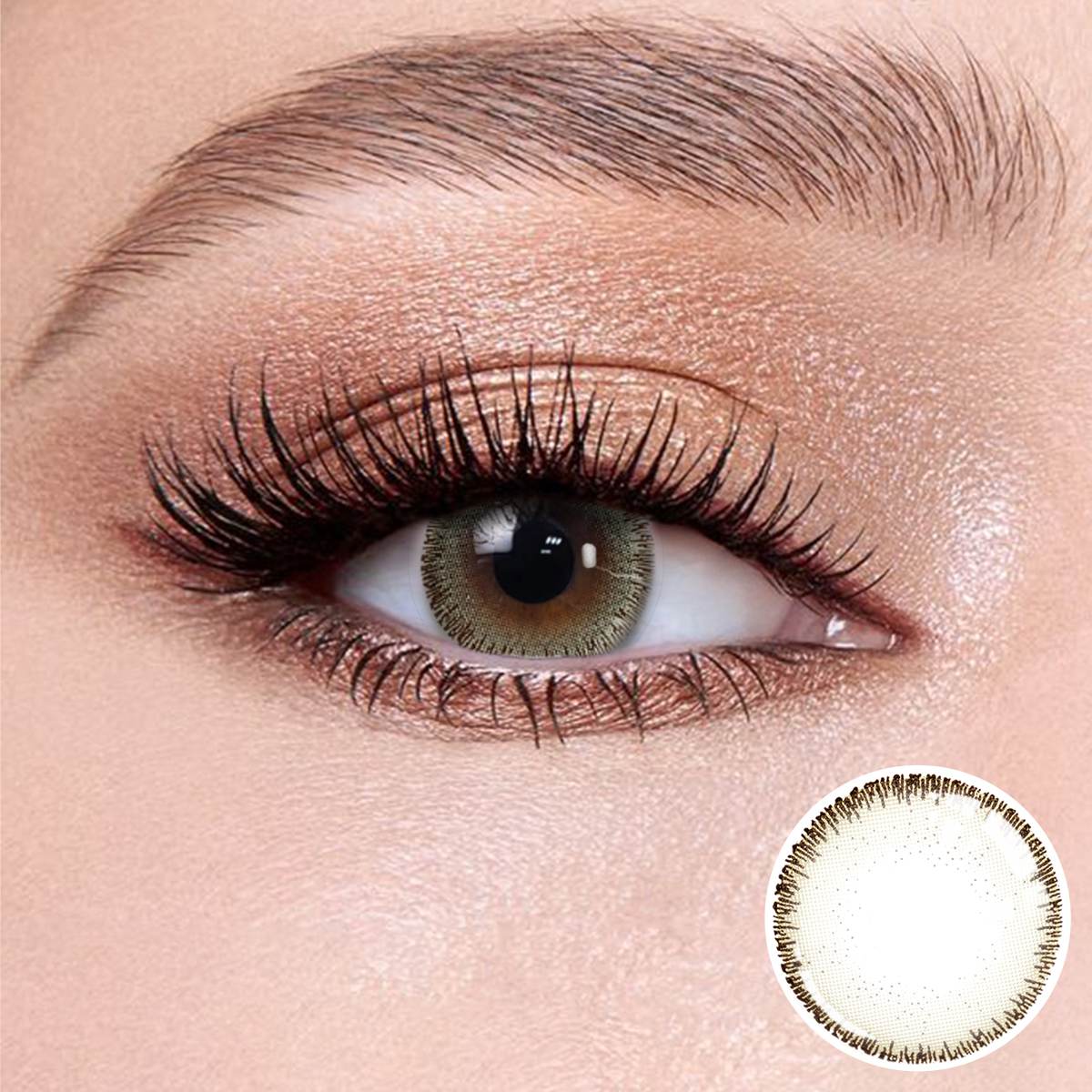 Oat Gray contact lenses on the eyes, close-up of the product on the lower right