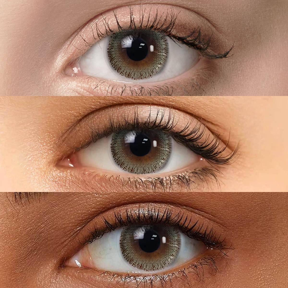Oat Gray Contact Lenses displayed on models with Fair skin, Medium skin, and Dark skin to show versatility across different complexions.