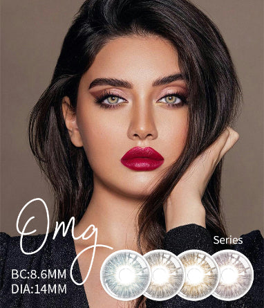 A model wearing Wooeye OMG series colored contact lenses