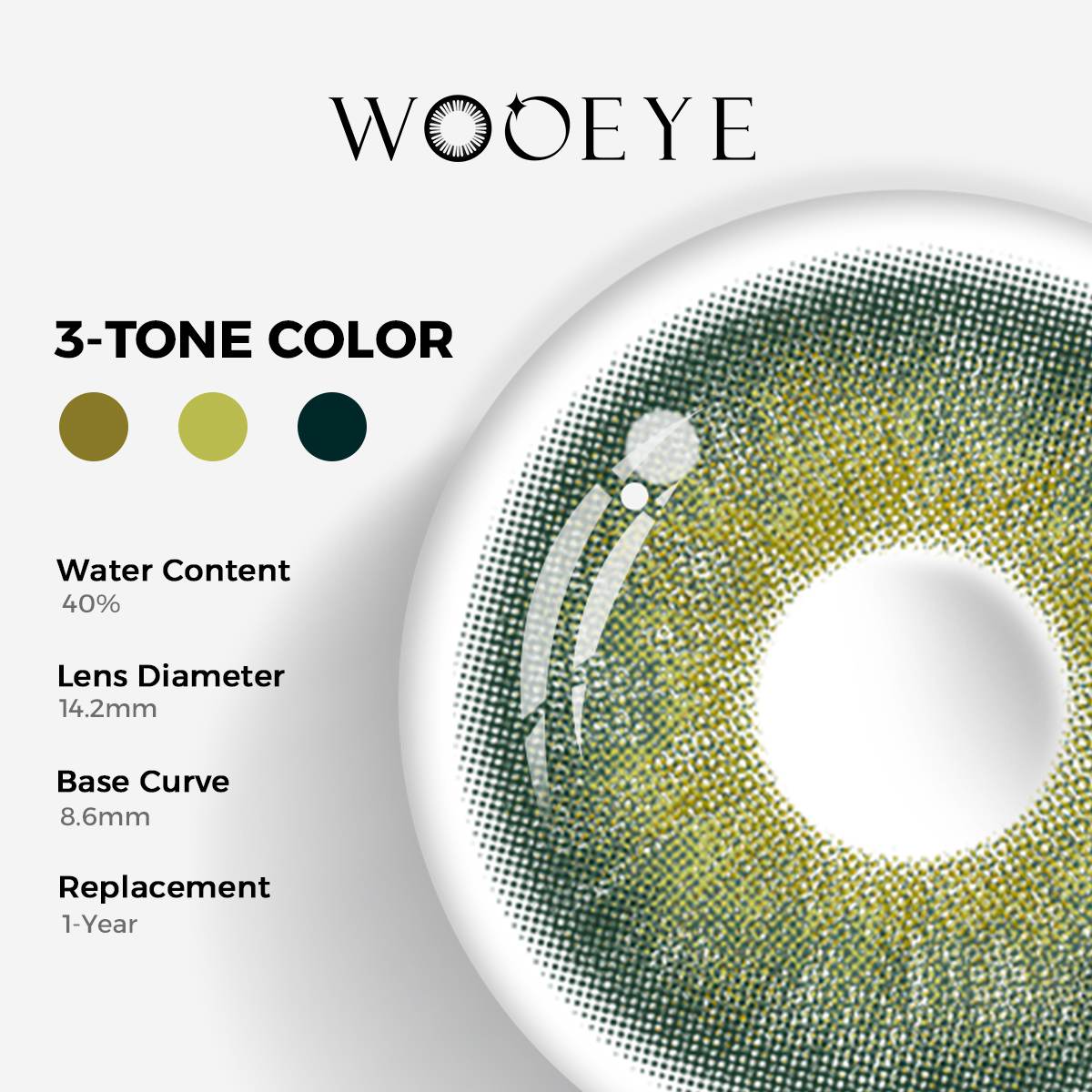 Origin Glow Blue Color Contacts specifications: 14.2mm diameter, 8.6mm base curve, and 40% water content for daily comfort.