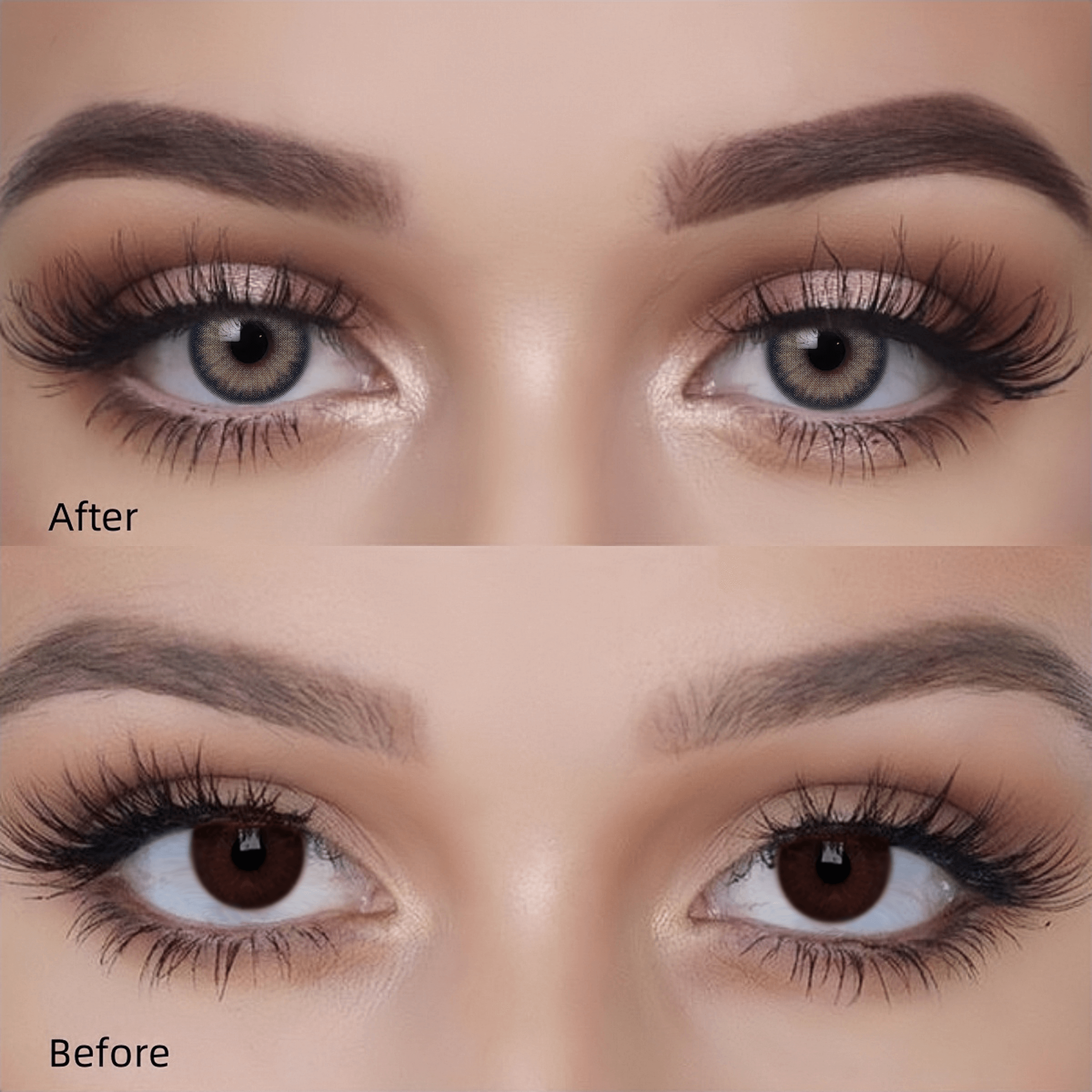 The top is a close-up of the eye effect with Queen Blue contact lenses, and the bottom is the natural effect
