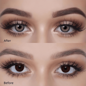 The top is a close-up of the eye effect with Queen Blue contact lenses, and the bottom is the natural effect