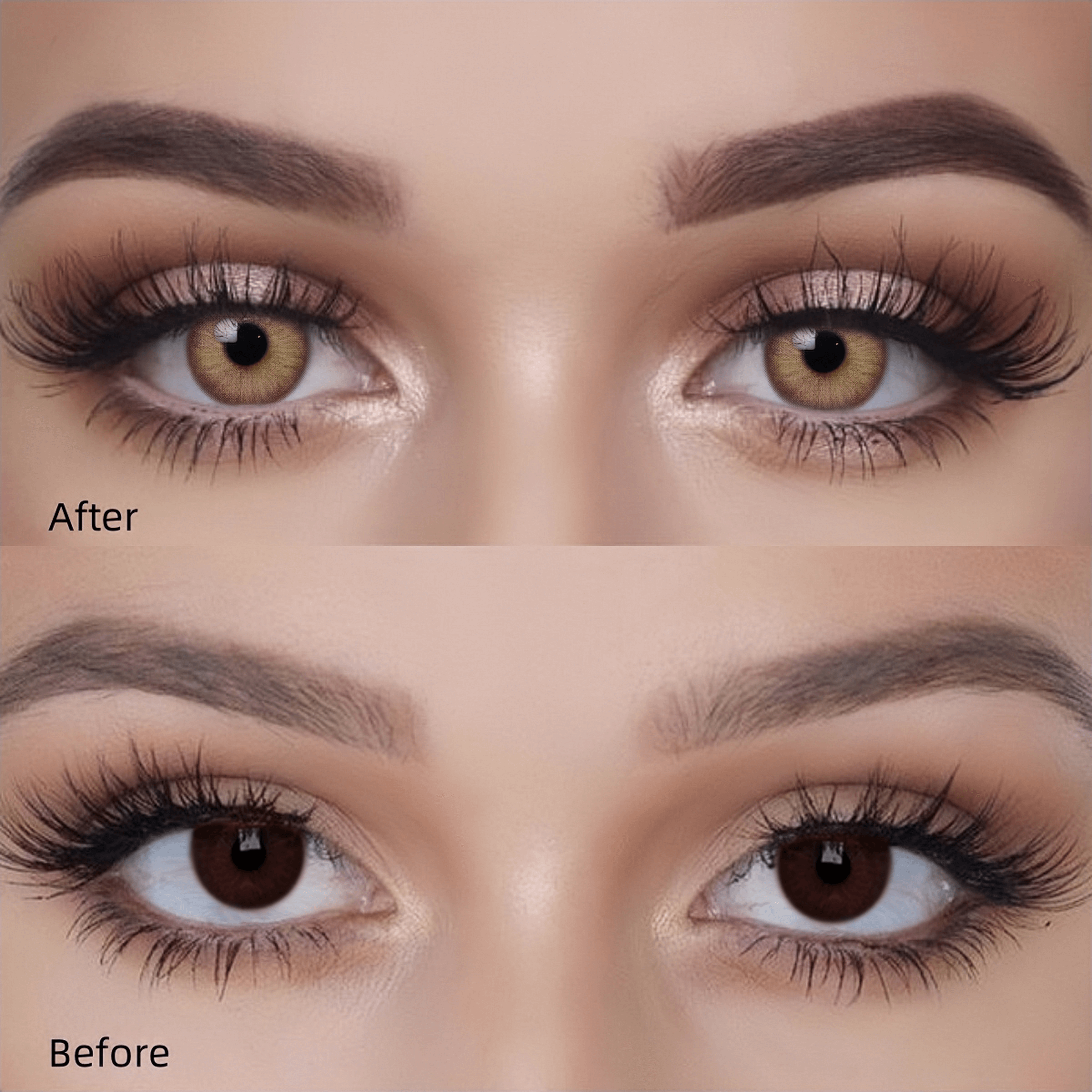 The top is a close-up of the eye effect with Queen Brown III contact lenses, and the bottom is the natural effect