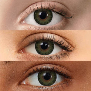 Queen Green II Contact Lenses displayed on models with Fair skin, Medium skin, and Dark skin to show versatility across different complexions.