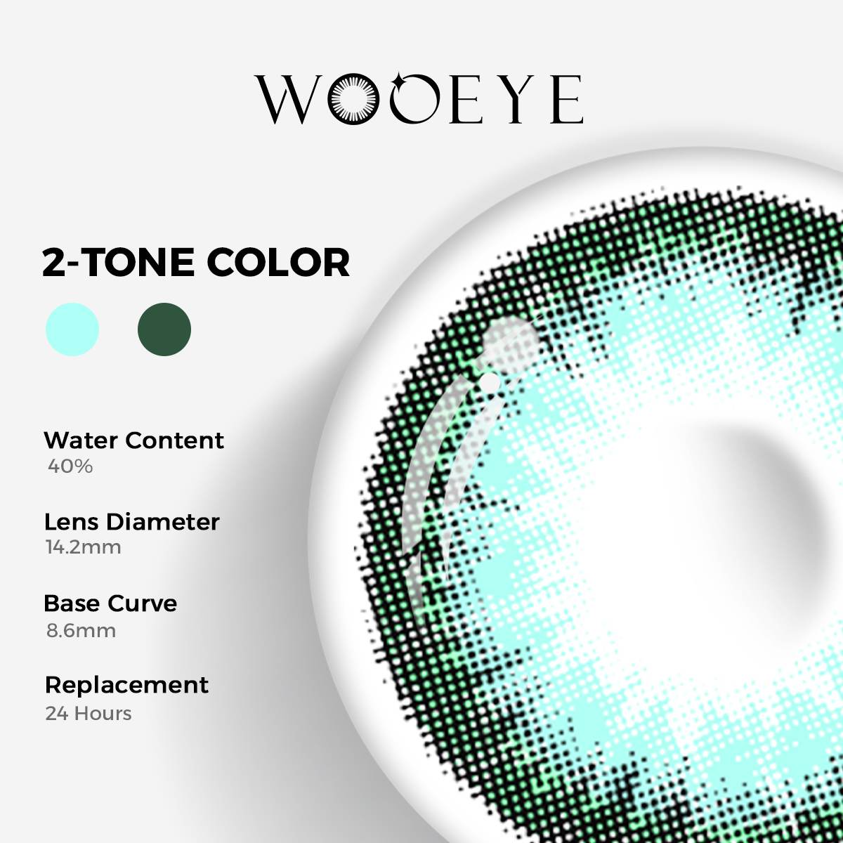 Queen Green I Color Contacts specifications: 14.2mm diameter, 8.6mm base curve, and 40% water content for daily comfort.