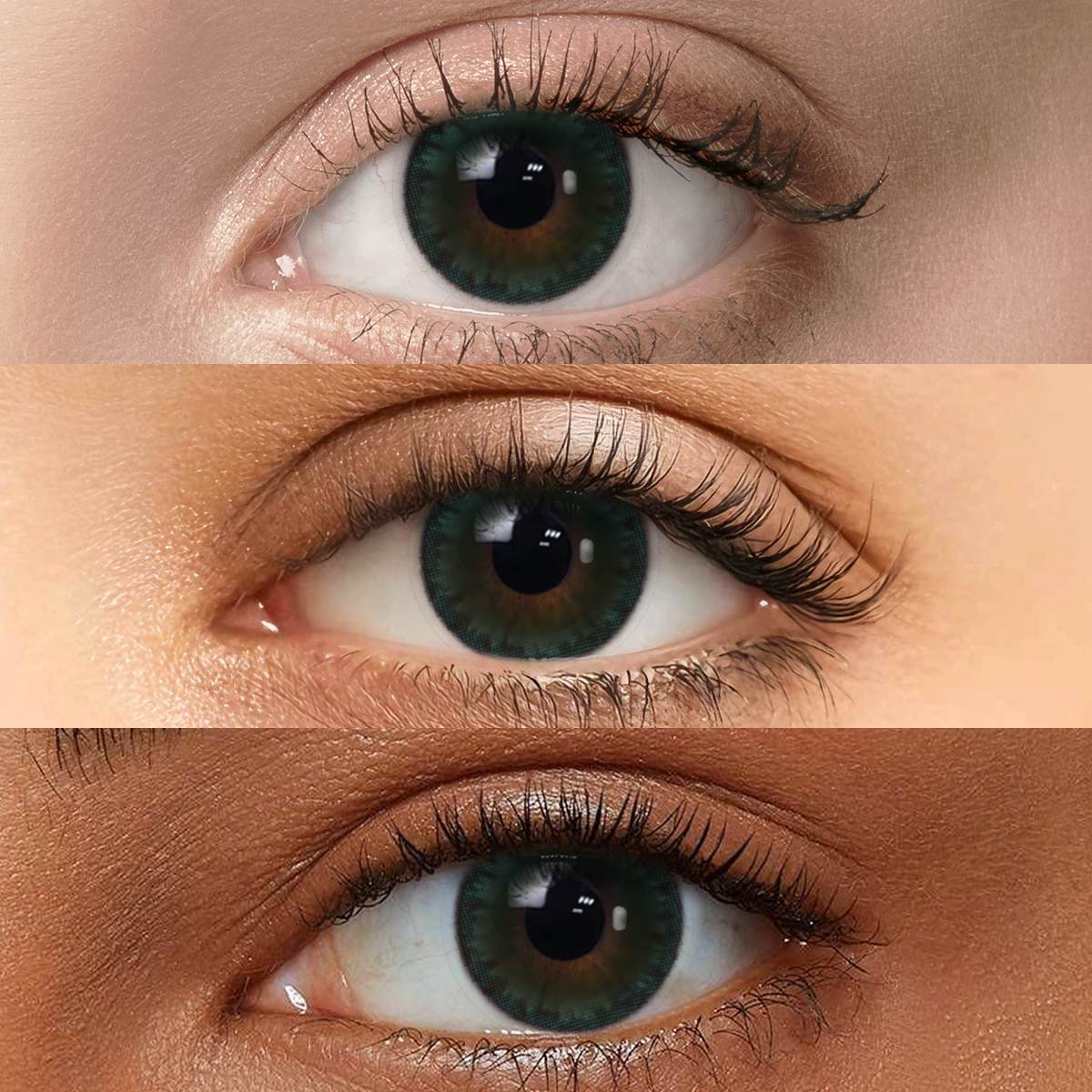 Queen Green I Contact Lenses displayed on models with Fair skin, Medium skin, and Dark skin to show versatility across different complexions.