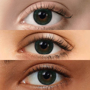Queen Green I Contact Lenses displayed on models with Fair skin, Medium skin, and Dark skin to show versatility across different complexions.
