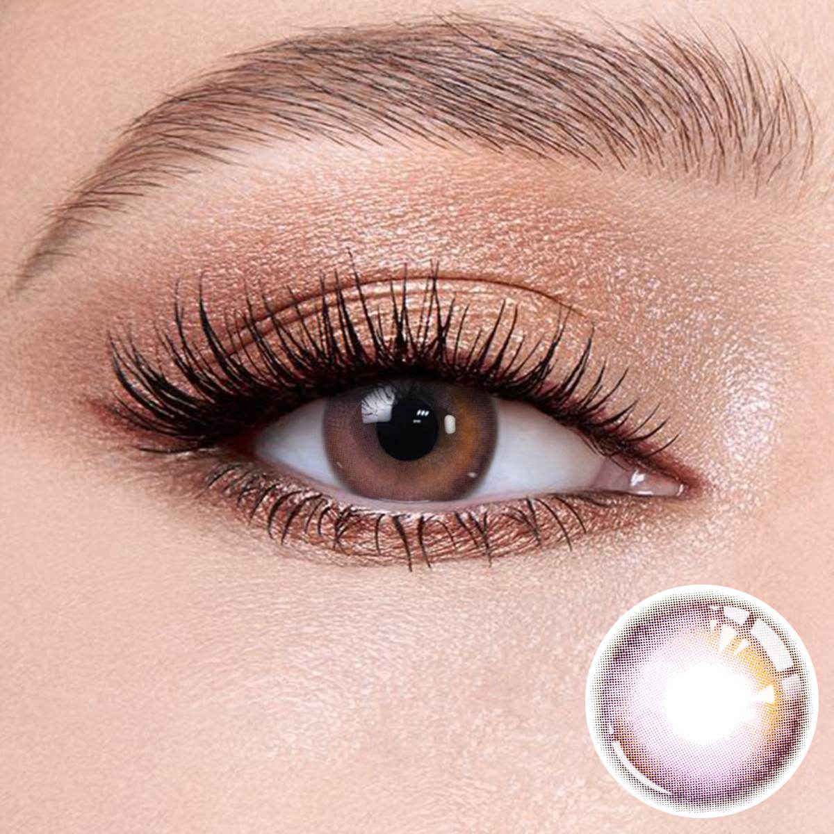 Sakura Purple contact lenses on the eyes, close-up of the product on the lower right