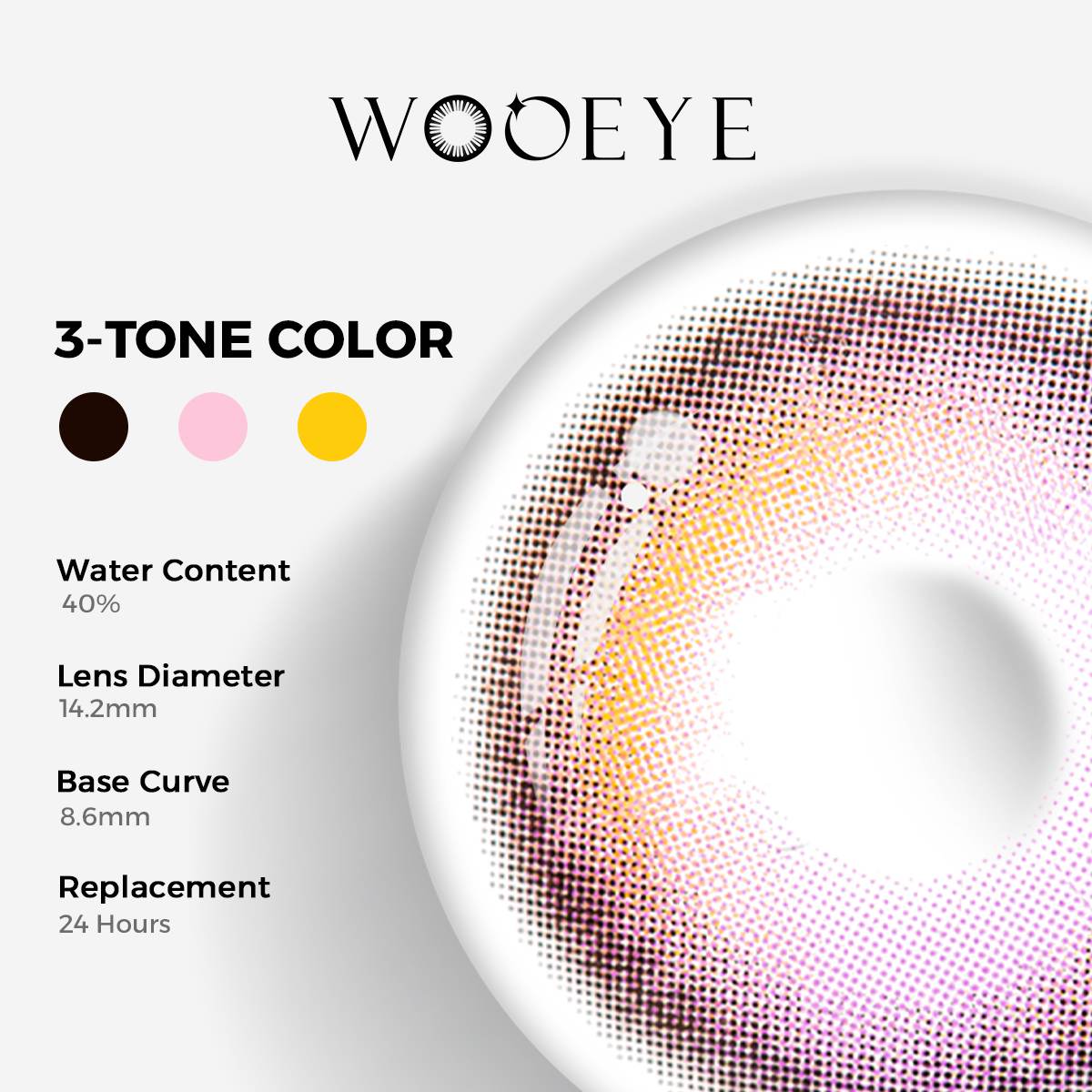 Sakura Purple Color Contacts specifications: 14.2mm diameter, 8.6mm base curve, and 40% water content for daily comfort.