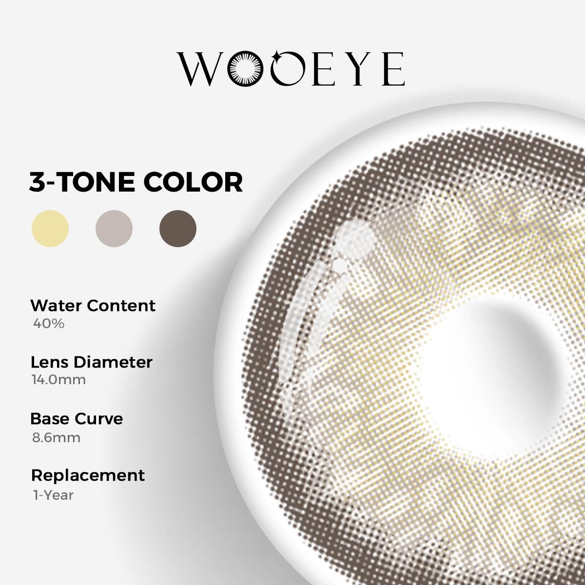 Sequoia Blue Color Contacts specifications: 14.0mm diameter, 8.6mm base curve, and 40% water content for daily comfort.