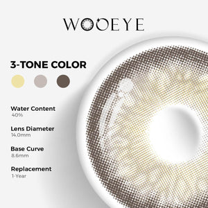 Sequoia Blue Color Contacts specifications: 14.0mm diameter, 8.6mm base curve, and 40% water content for daily comfort.