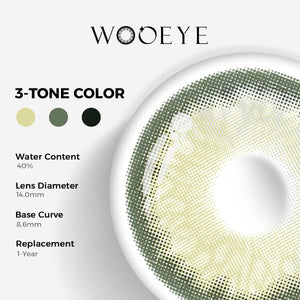 Sequoia Green Color Contacts specifications: 14.0mm diameter, 8.6mm base curve, and 40% water content for daily comfort.