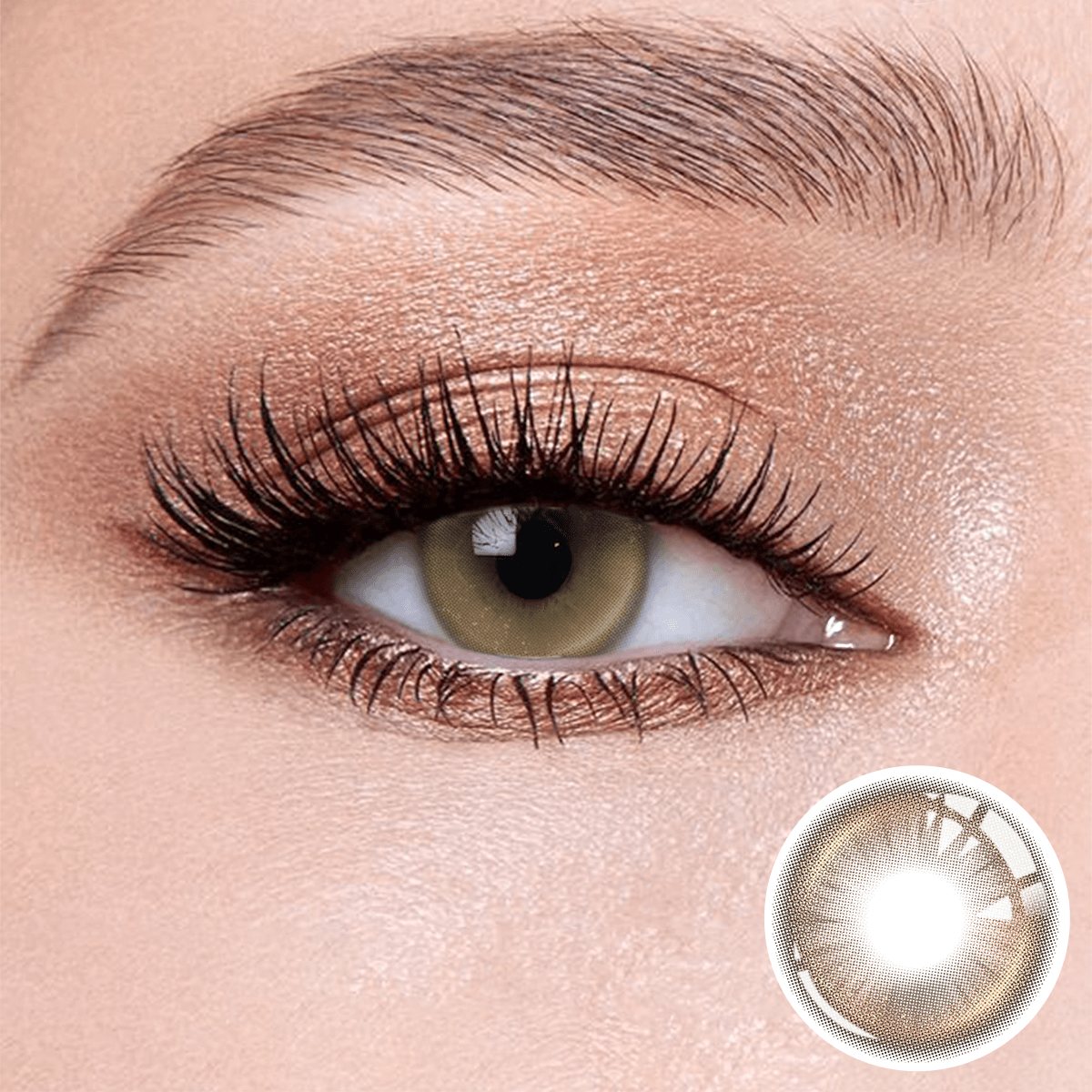 Snowfall Brown contact lenses on the eyes, close-up of the product on the lower right