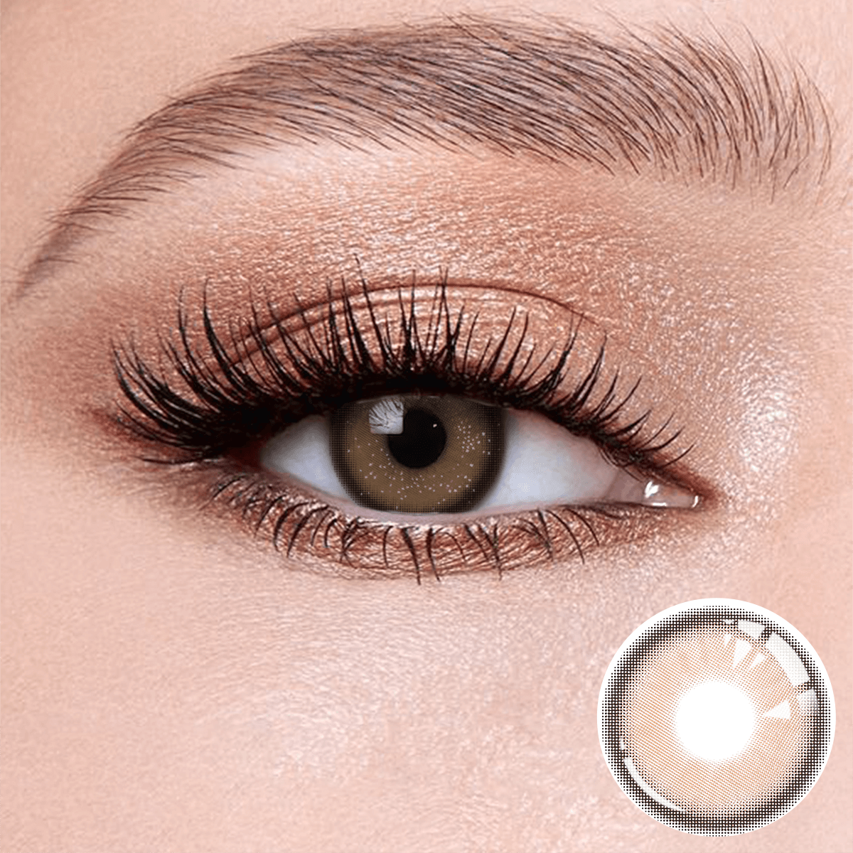 Star Brown contact lenses on the eyes, close-up of the product on the lower right