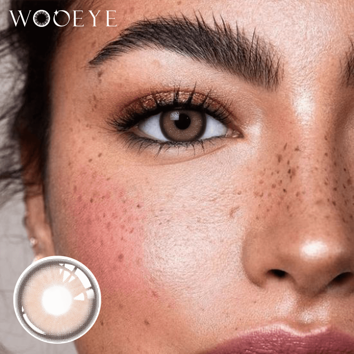 The girl's face is looking straight ahead, the upper left is the Wooeye logo, and the lower left is a close-up of the Star Brown contact lens