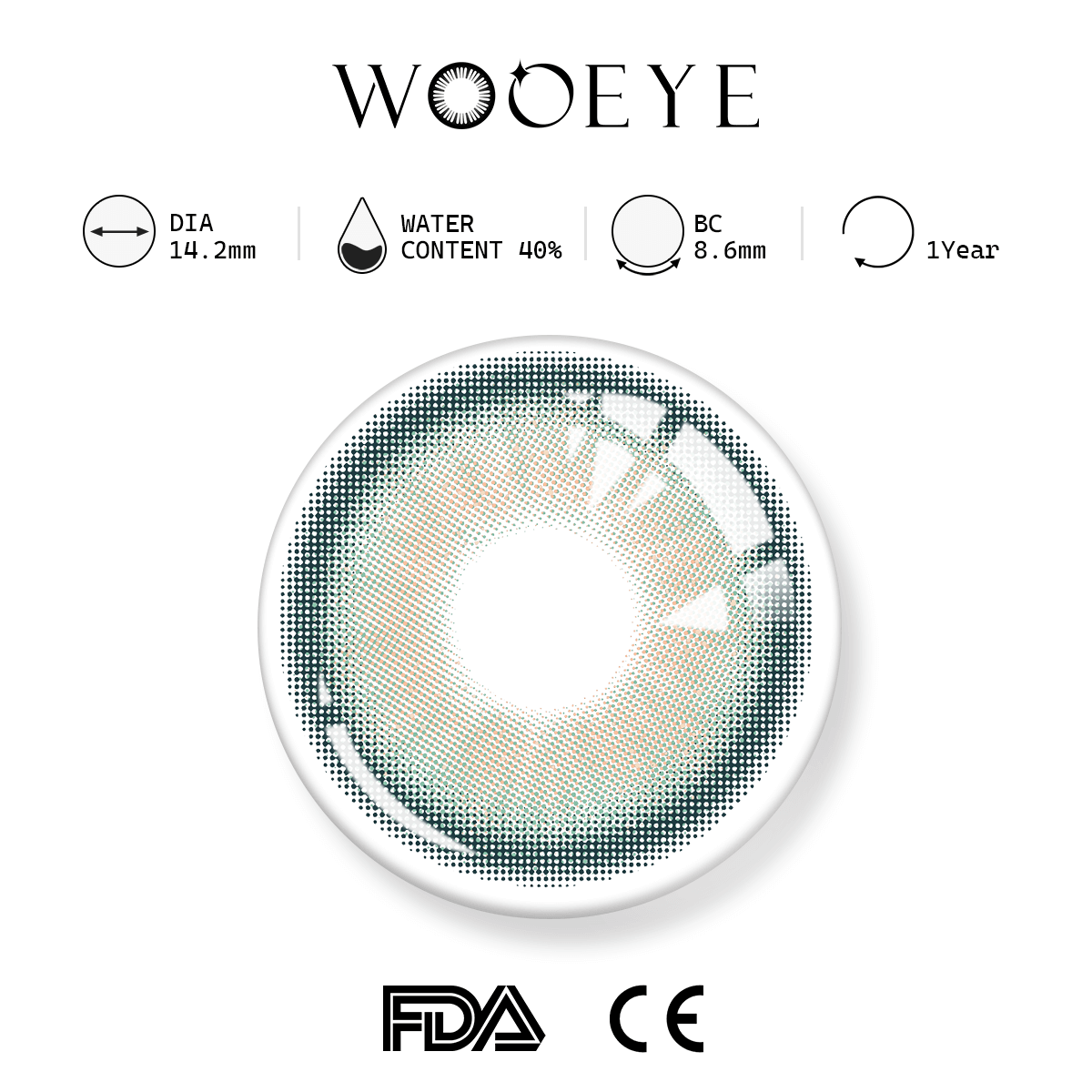Star Green product specifications, Wooeye logo on top, FDA and CE certification marks on bottom