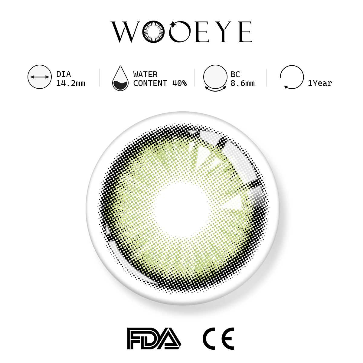 Sugar Green Color Contacts specifications: 14.2mm diameter, 8.6mm base curve, and 40% water content for daily comfort.