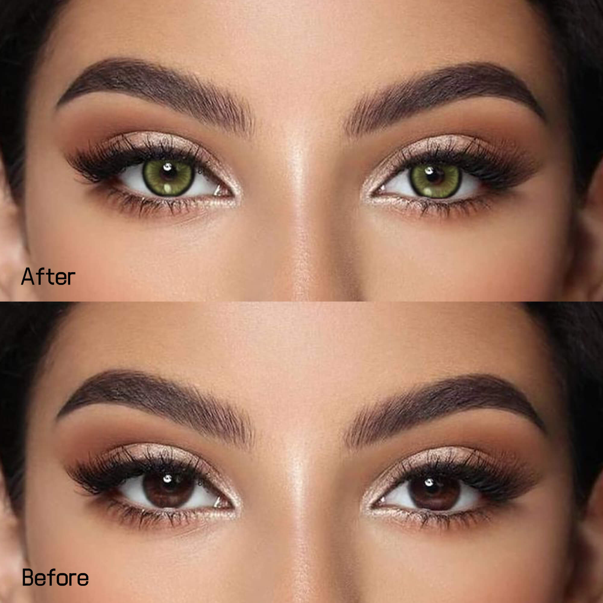 Girl wearing Sugar Green contact lenses before and after effect