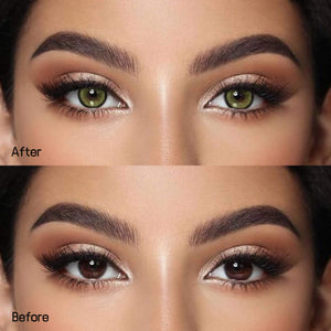 Girl wearing Sugar Green contact lenses before and after effect