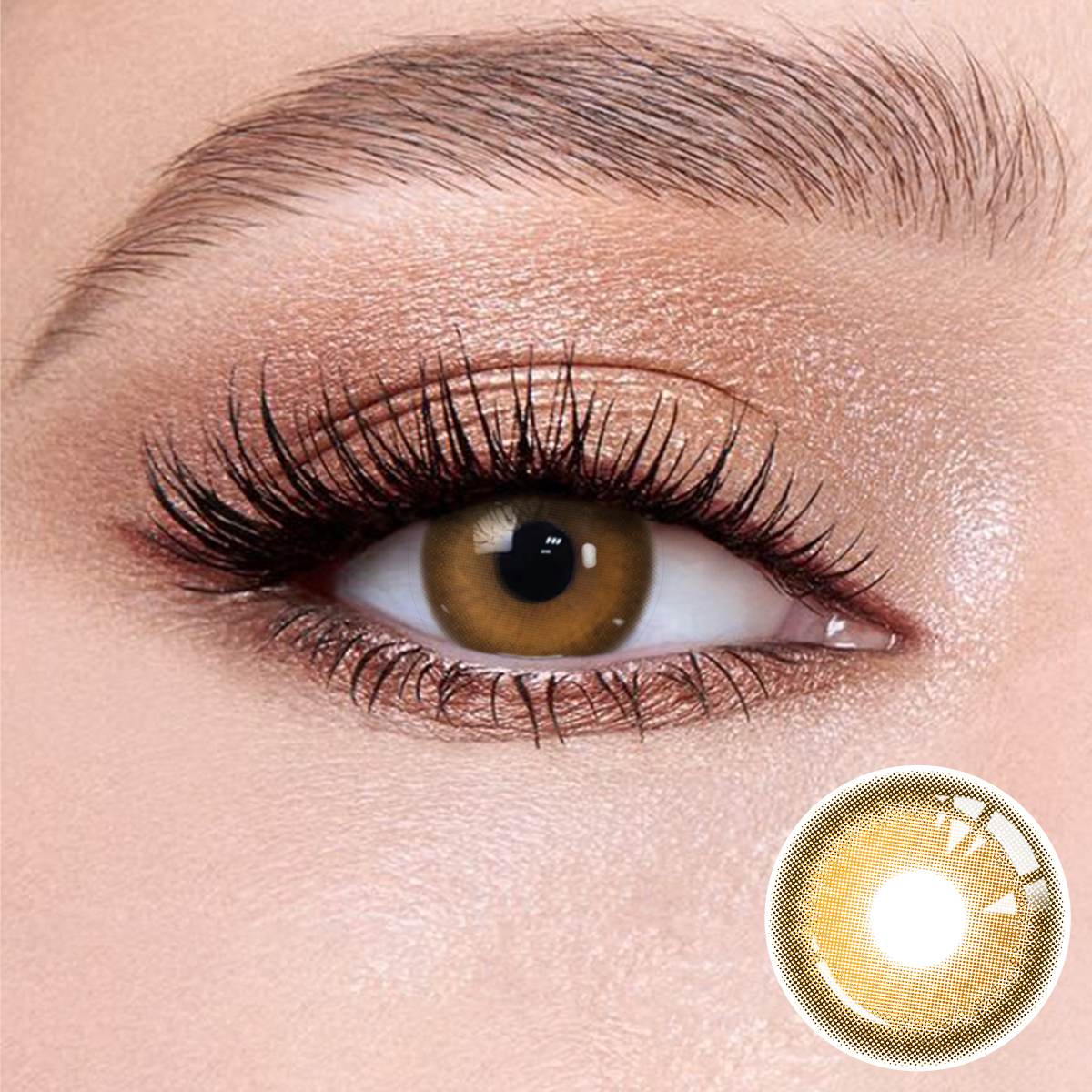 Aura Brown contact lenses on the eyes, close-up of the product on the lower right