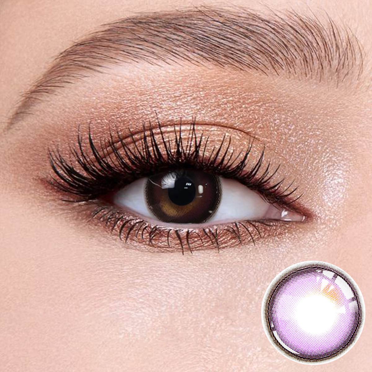 Lilac-Purple contact lenses on the eyes, close-up of the product on the lower right