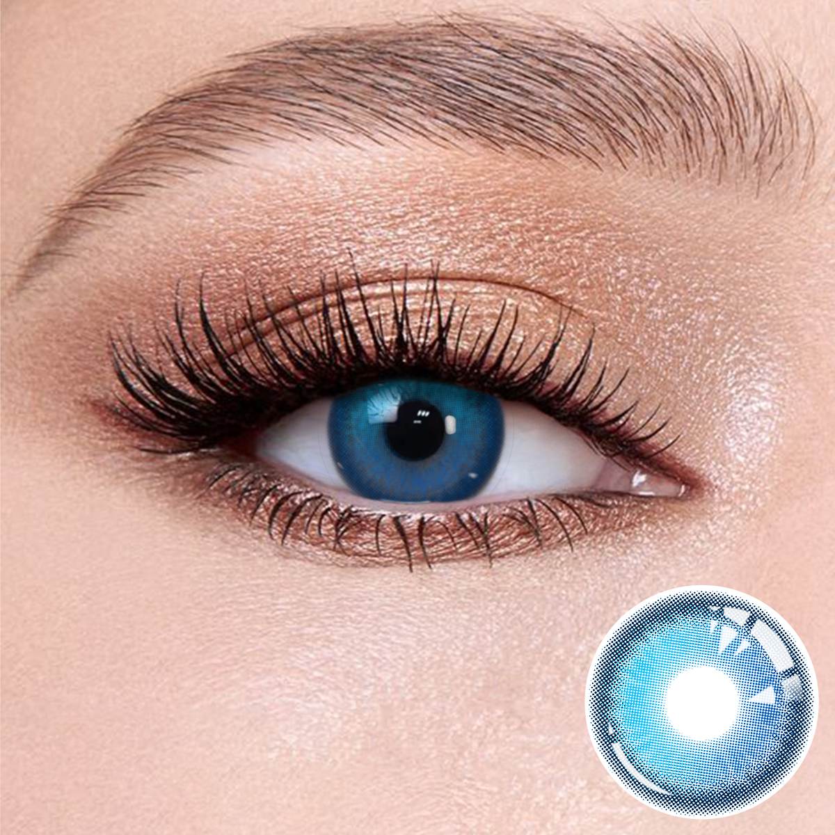 Aura Blue contact lenses on the eyes, close-up of the product on the lower right