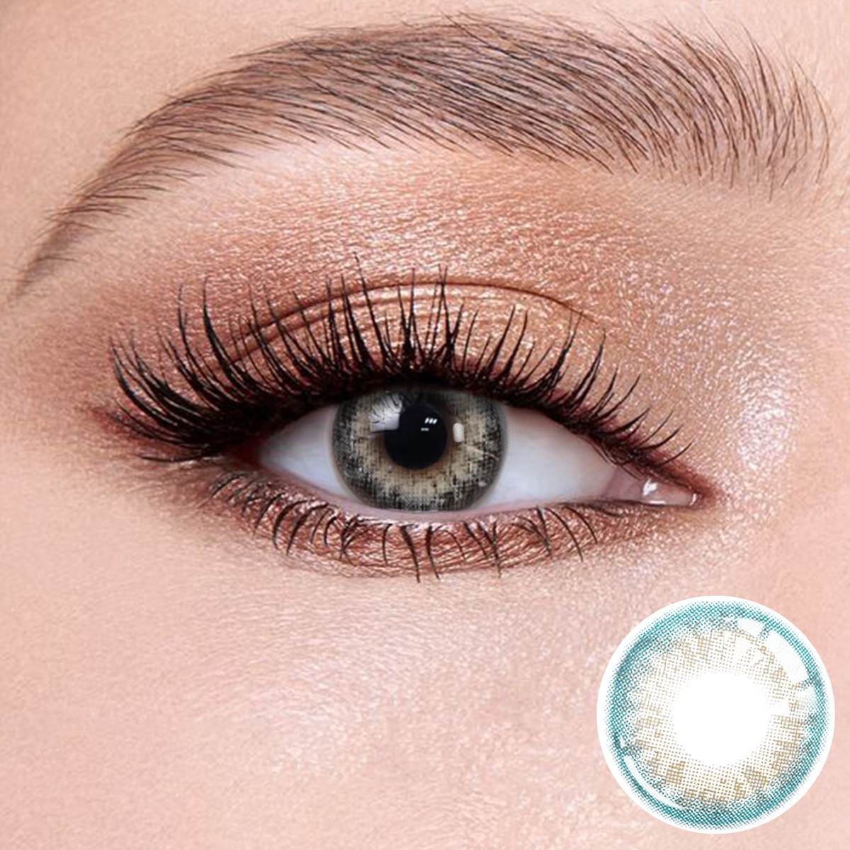 Angel Blue contact lenses on the eyes, close-up of the product on the lower right