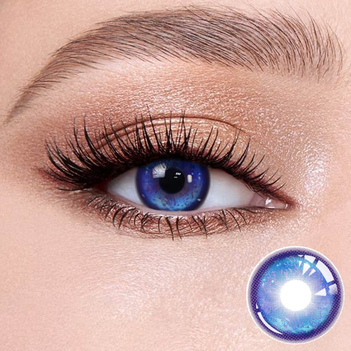 Thermo Aura Blue contact lenses on the eyes, close-up of the product on the lower right