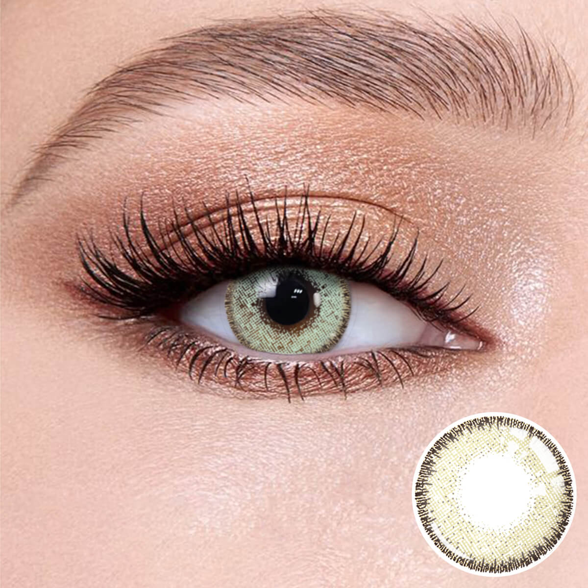 Nut Blue contact lenses on the eyes, close-up of the product on the lower right