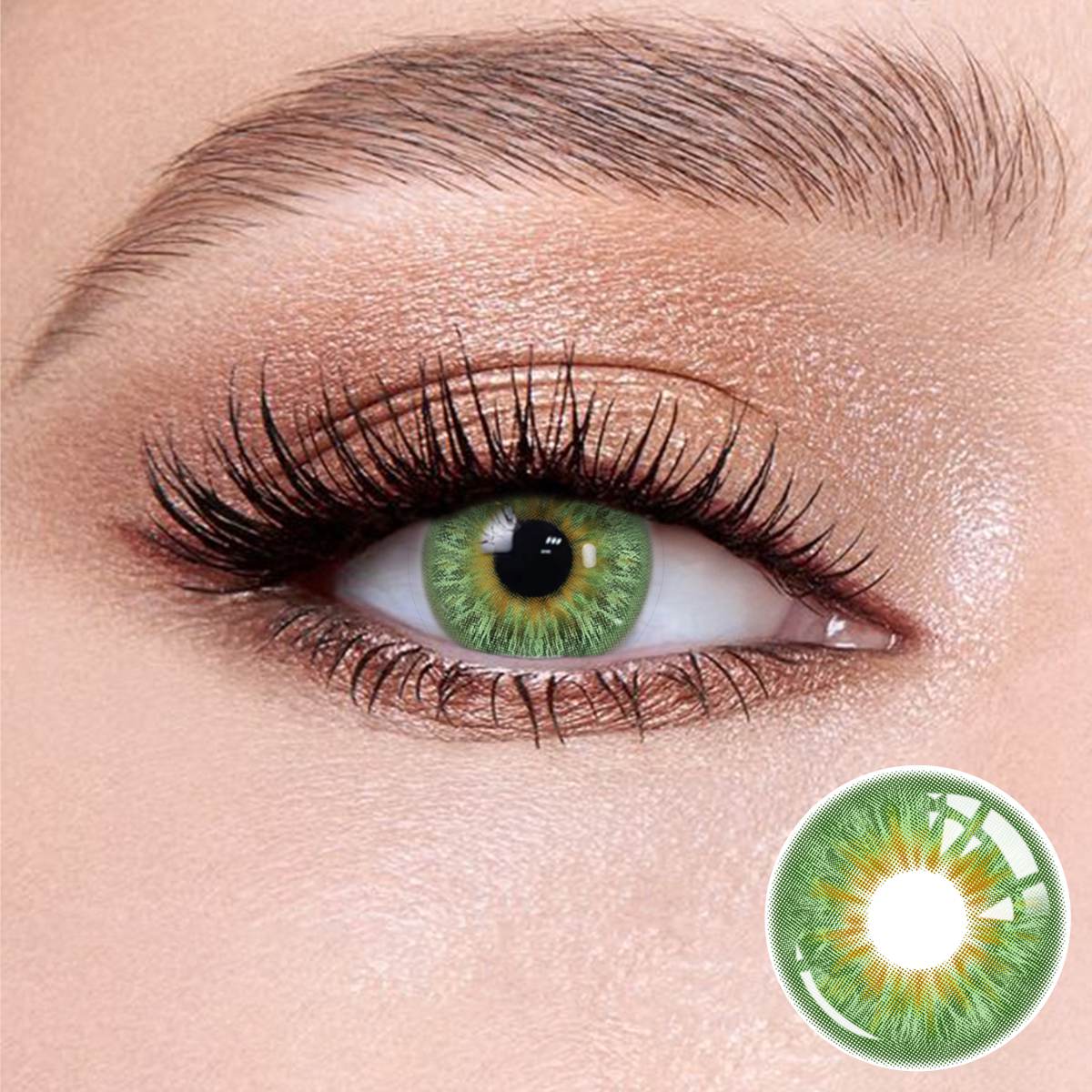 Vegas Green contact lenses on the eyes, close-up of the product on the lower right