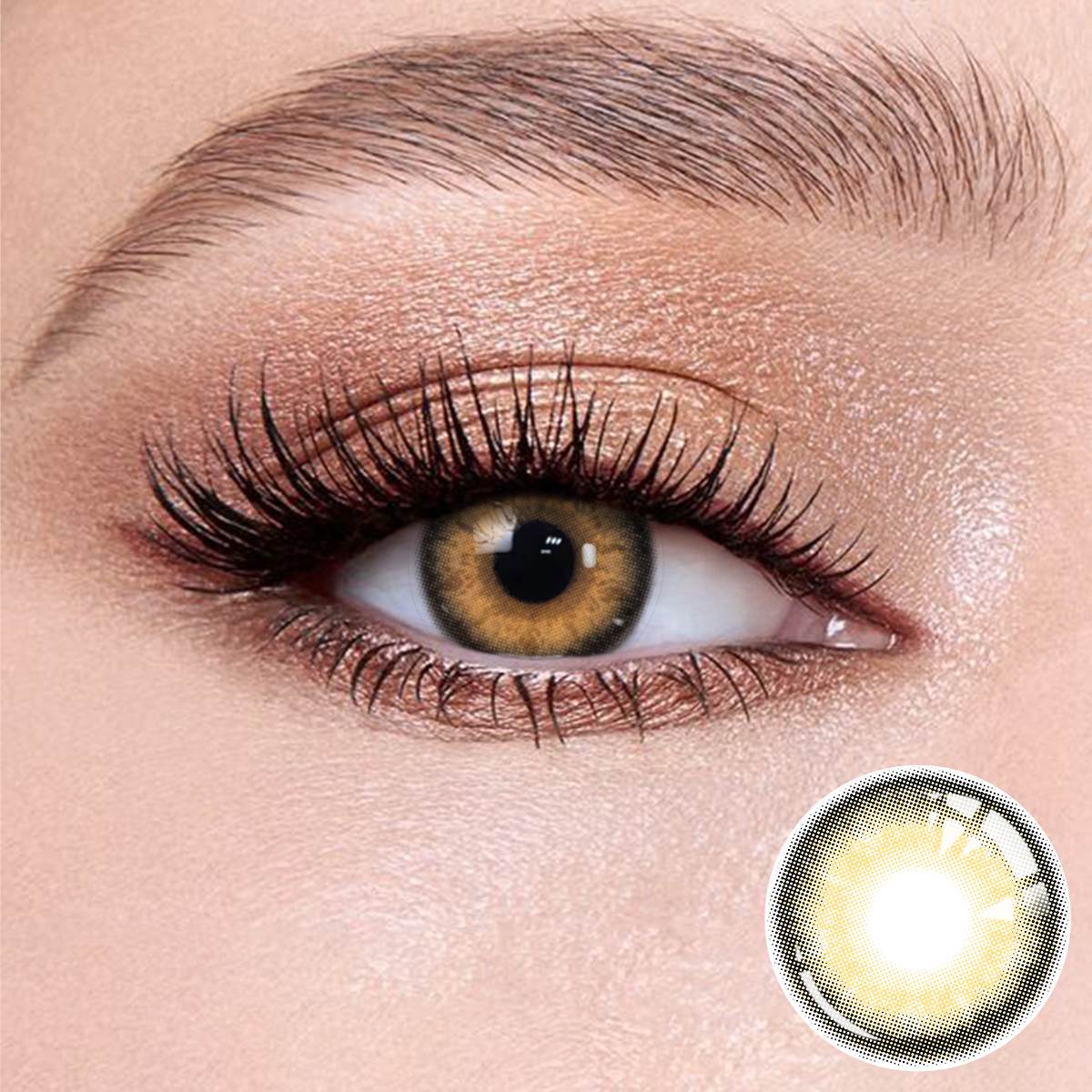 Banshe Black Brown contact lenses on the eyes, close-up of the product on the lower right