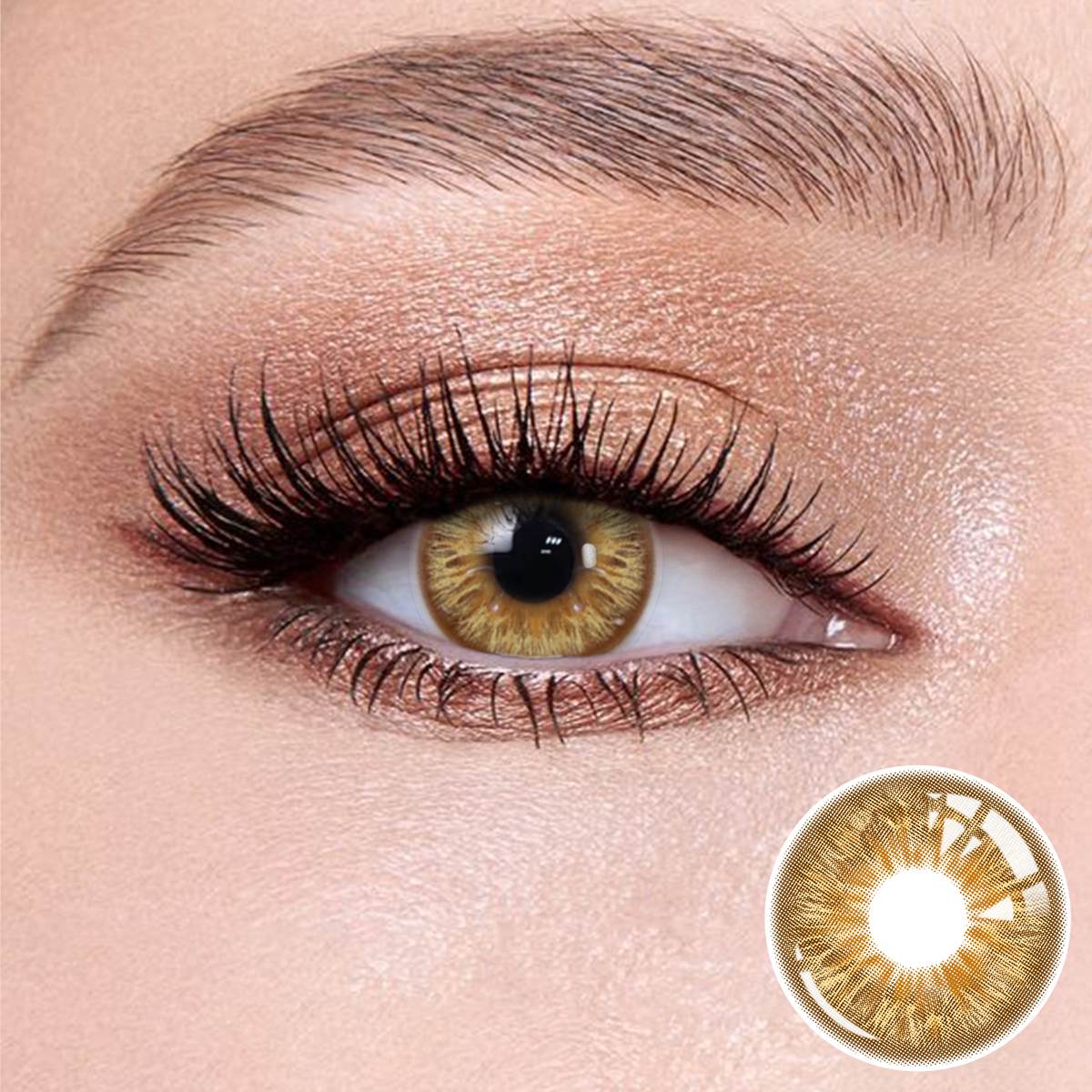 Vegas Brown contact lenses on the eyes, close-up of the product on the lower right