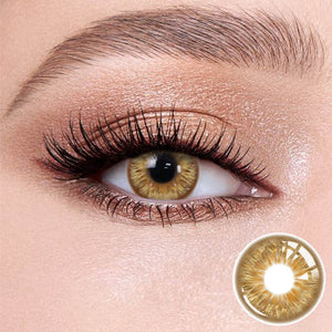 Vegas Brown contact lenses on the eyes, close-up of the product on the lower right